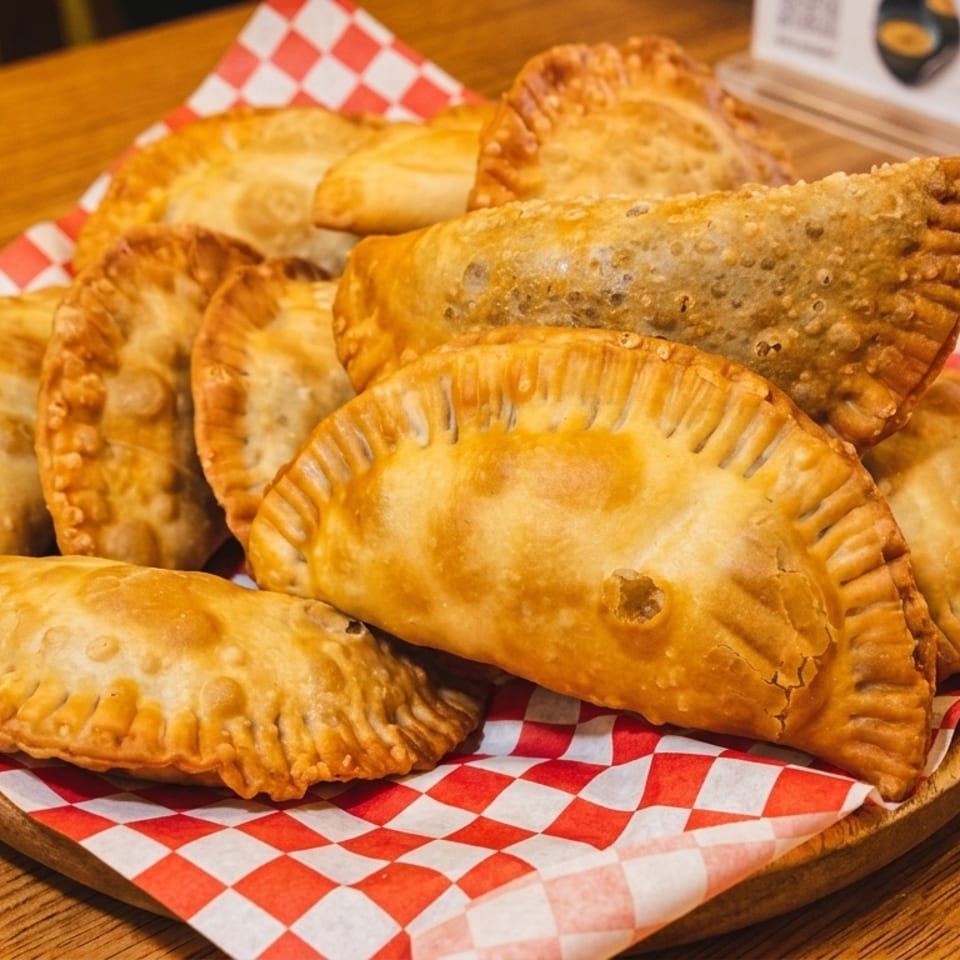 A wooden plate filled with golden-brown empanadas on red and white checkered paper.