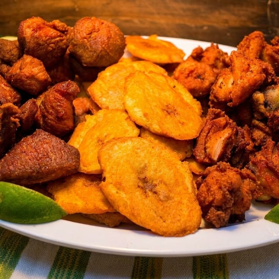 A white plate piled high with fried pork, fried plantains, and fried chicken, garnished with lime wedges.