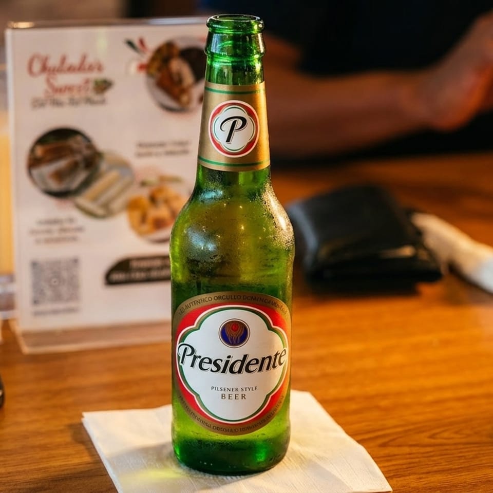 A cold bottle of Presidente beer on a wooden table with a menu and drink in the background.