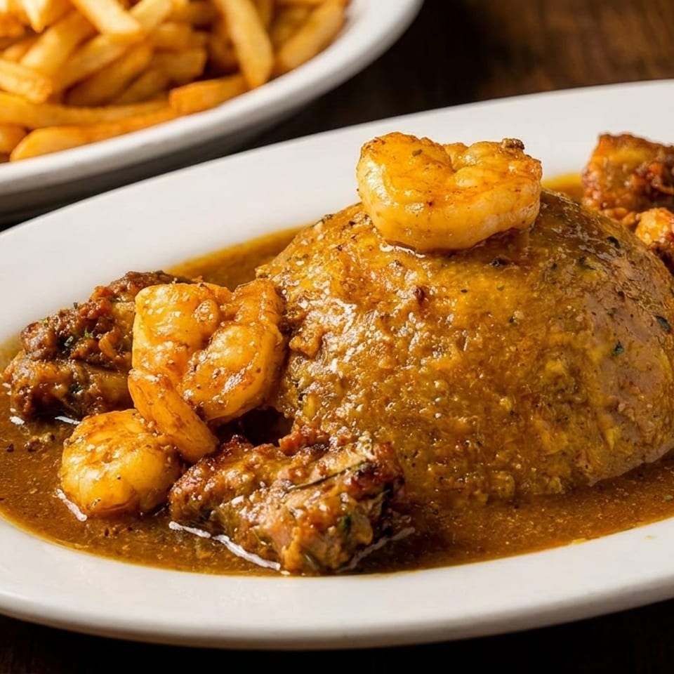 A white plate holds a mound of grits with shrimp and meat in a rich brown sauce.