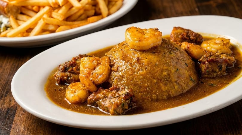 A white plate holds a mound of grits with shrimp and meat in a rich brown sauce.
